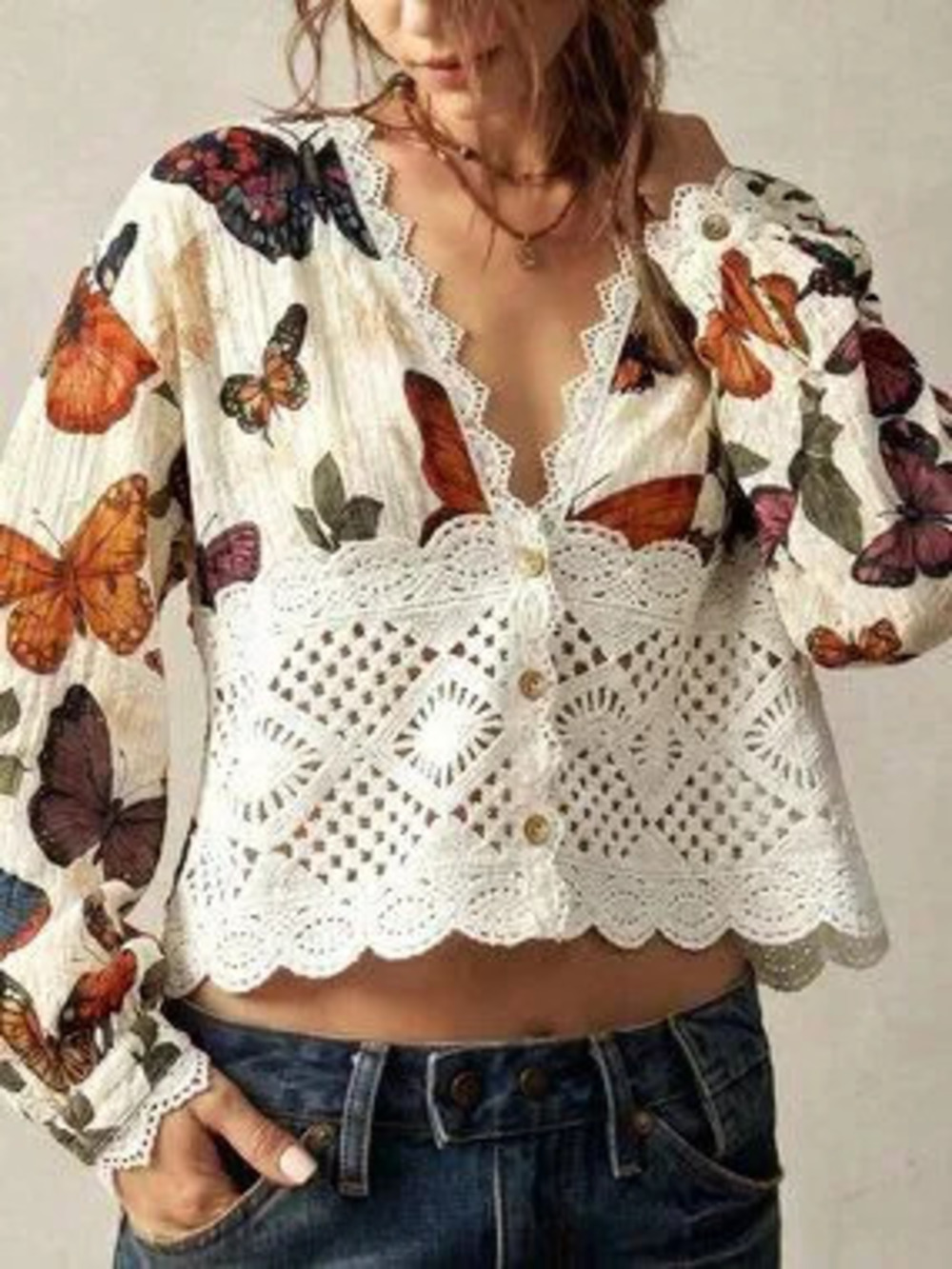 ZARA Apricot Boho Women's Deep V-Neck Butterfly Print Casual Blouse